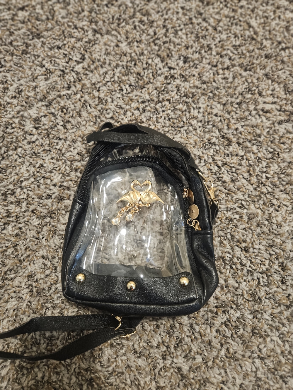 Source Unknown Black Clear-Panel Crossbody with Gold Heart Accent